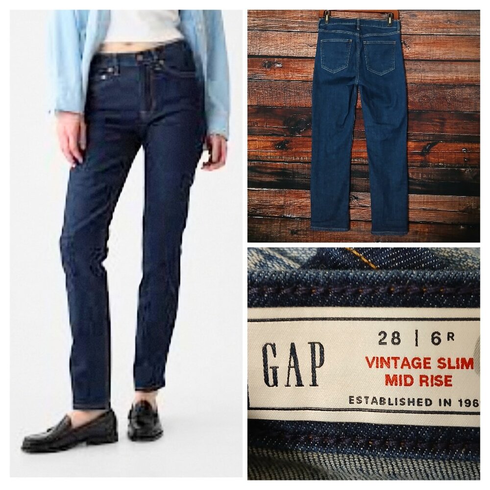 GAP Jeans Size 28 6 Vintage Slim Mid Rise Ankle Dark Blue Indigo Denim Stretch